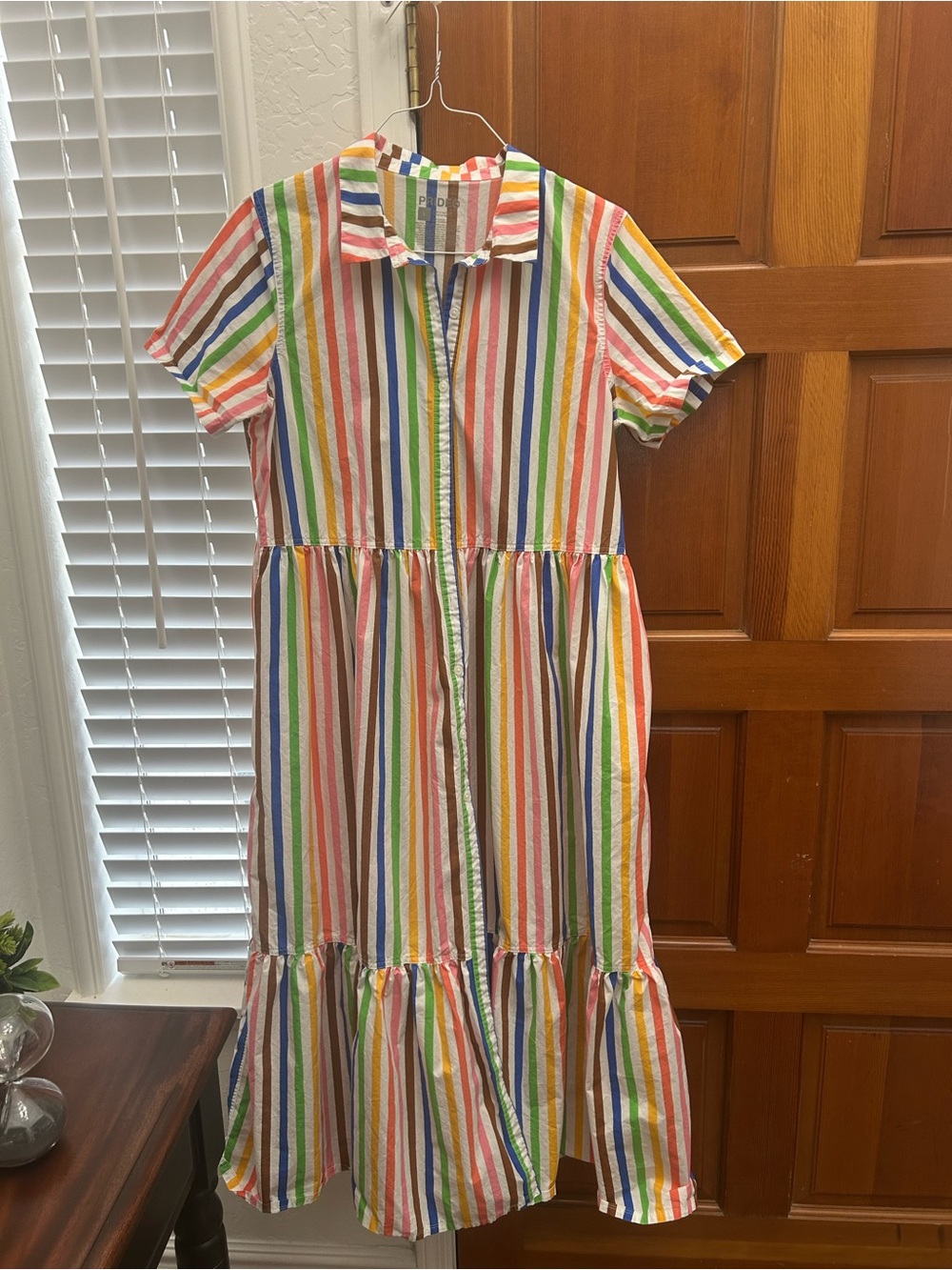 Pride Adult Short Sleeve Button-Front Tie Waist Maxi Shirtdress Rainbow Striped